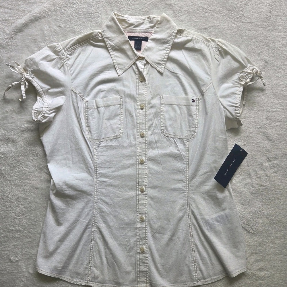 Y2K Tommy Hilfiger White Short Sleeve Button Up Puff Tie Sleeve Womens Med Flaw